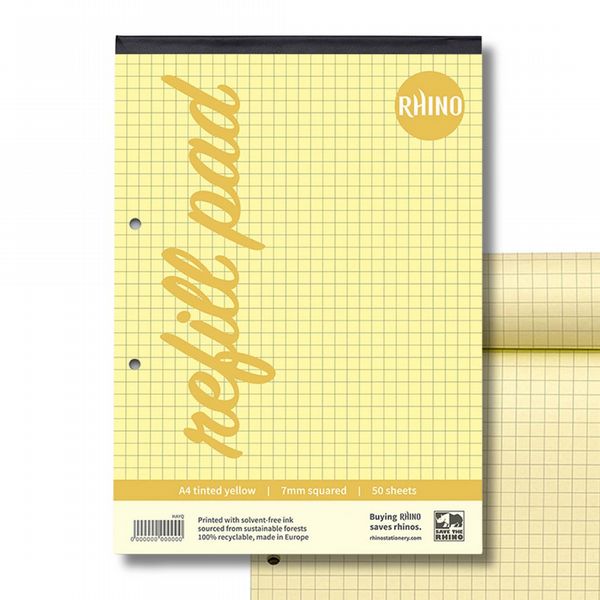RHINO A4 Yellow Paper Refill Pad 100 Page 7mm Squared