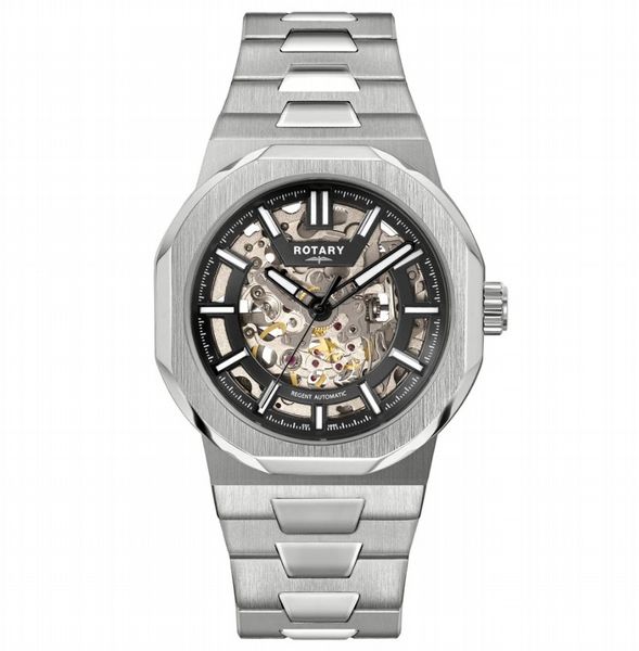 Rotary Men's Regent Skeleton Automatic SS Bracelet Black Dial 100m